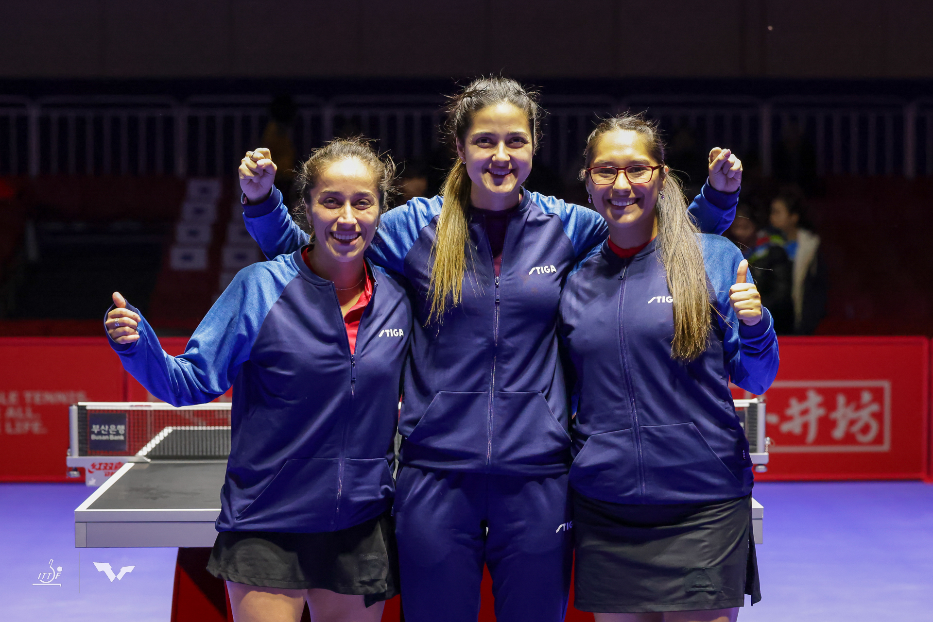 Equipo Chileno de Damas conformado por Paulina Vega, Daniela Ortega y Judith Morales. ITTF World Team Table Tennis Championships Finals Busan 2024